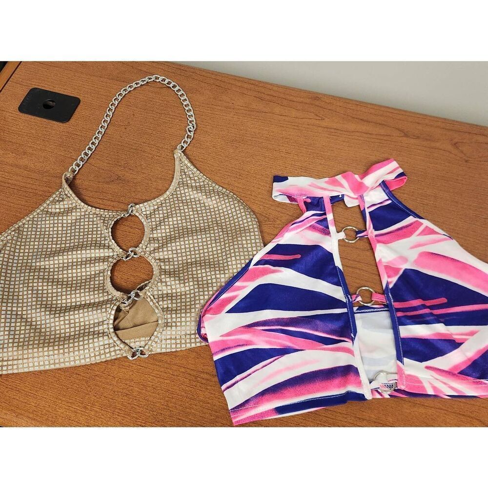 Shein large set of 2, 3 ring halter tops. 1 multi colored and 1 gold (R)